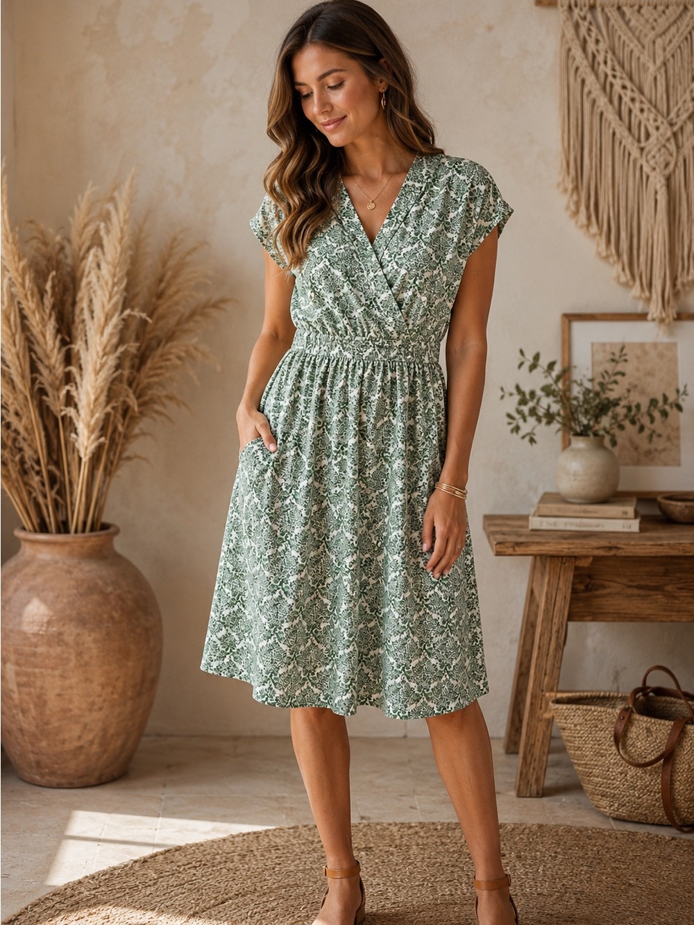 Gal Meets Glam Sage Green Printed Wrap Midi Dress